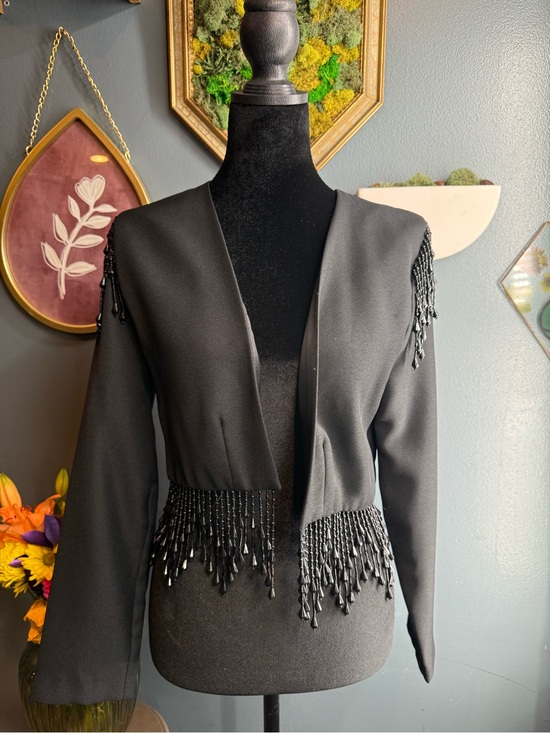 Alex Evenings Jackets & Blazers - Vintage Alex Evenings Black Beaded Fringe Open-Front Blazer